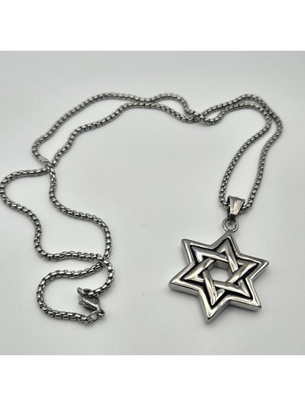 Star Of David Pendant Necklace Box Chain Stainless Steel Lobster Clasp 24 In